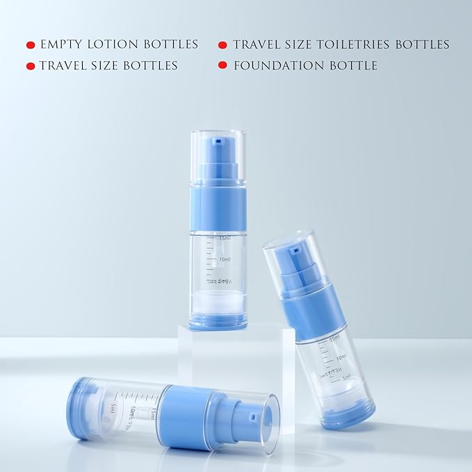 0.5oz/15ml Travel Airless Pump Bottles, 5 Pack Refillable Vacuum Cosmetic Containers with Clear Organizer Case & Labels, Small Lotion Dispenser Bottles for Skincare, Toiletries & Cosmetics