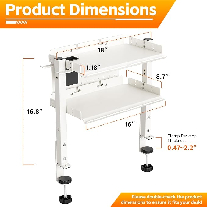 2-Tier Steel Clamp On Desk Shelf, Adjustable 16 inch Desk Storage Shelves with Pegboard and Pencil Holder,Above or Under Heavy Duty Desktop Organizer with Headphone Holder for Desk Accessories (White)