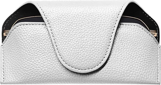Sunglass Holder for Car Visor, Magnetic Auto Sun Visor Eyeglass Organizer with Dual Back Clips, Leather Glasses Protective Storage Case Universal for Most Vehicles Visors (White)