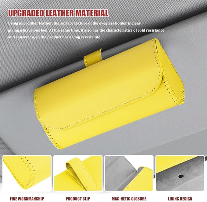 Sunglasses Holder for Car Sun Visor, Leather Auto Eyeglasses Storage Case with Hidden Magnetic Closure, Universal Protective Glasses Organizer Box, Visor Accessories for Woman Man (Yellow)