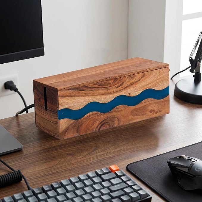 Acacia Wood & Epoxy Cable Management Box, 16X 6 X 5.5 Cable Hider Box, Cable Organizer Box Ideal for Under Desk Cable Management, Router Wires, Surge Protectors and adaptors | Turquoise