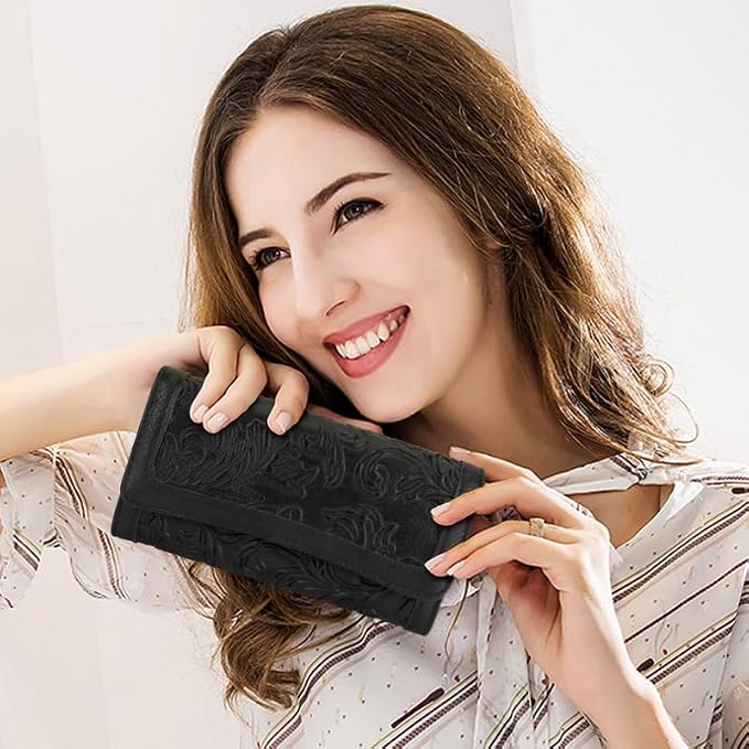 MEITRUE Women's Wallet Leather RFID Blocking Trifold Ladies Purse Embossed long Clutch Card Holder Phone Checkbook Organizer