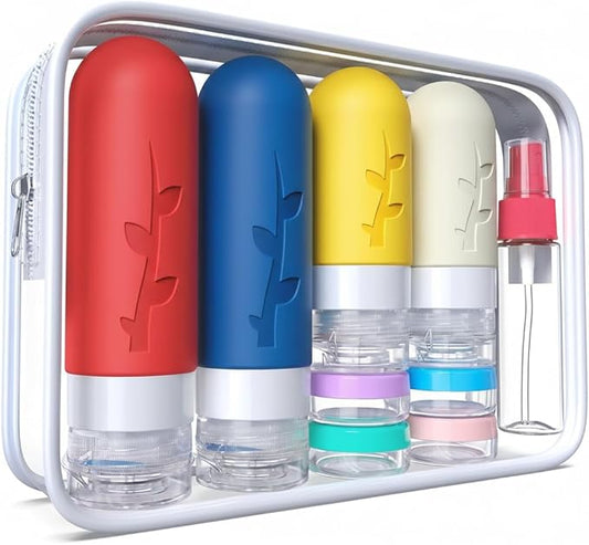 DEPOZA Travel Bottles Kit (16 Pack) - TSA Approved, Leak Proof Silicone Squeezable Containers for Toiletries. Complete Set with Jars, Sprayers & Bag (Fluorescent)