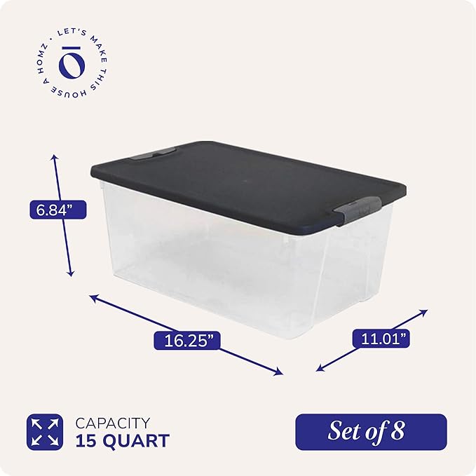 HOMZ 8-Pack Snaplock, Small Clear Plastic Storage Organizer Bins with Lids, 15 Quart, Gray - Stackable Container Boxes for Bedroom, Bathroom, Garage, and Office Organization