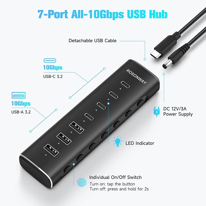 Rosonway 7 Ports Powered USB 3.2/USB C Hub 10Gbps with 4 USB-C 3.2, 3 USB-A 3.2 Ports, 3.3ft Cable and 36W(12V/3A) Power Adapter, Aluminum USB Splitter for Laptop, RSH-H7C4