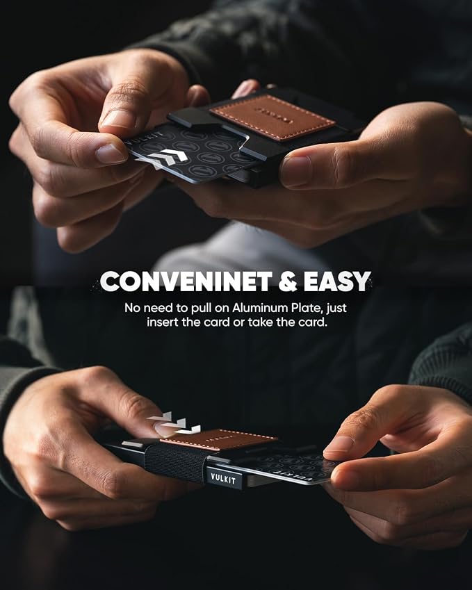 VULKIT Minimalist Pop Up Wallet RFID Blocking Aluminum Credit Card Holder with Expandable Backplate, Holds 12 Cards and Cash for Men and Women Brown
