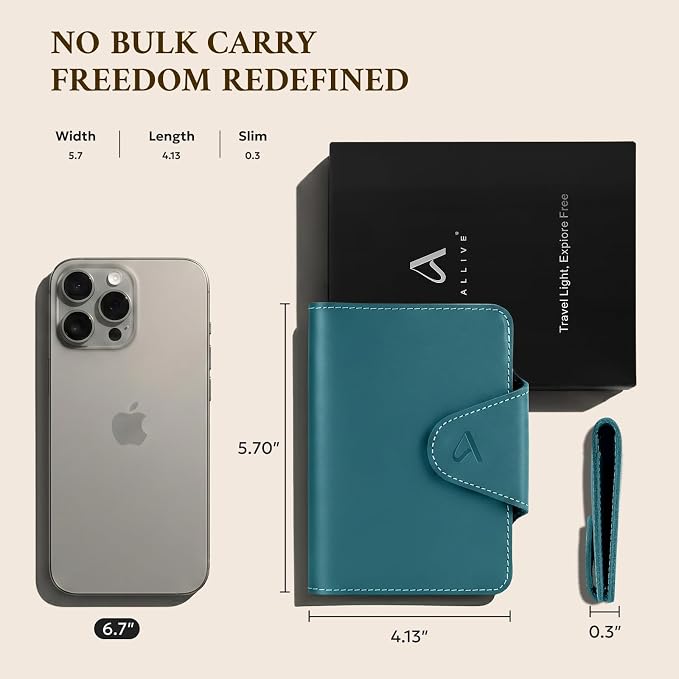ALLIVE Passport Holder for Travel with Built-in AirTag Slot, Genuine Leather Passport Wallet Must Haves Travel Accessories, Rfid Blocking Passport Cover Case for Women and Men (Lake Blue)