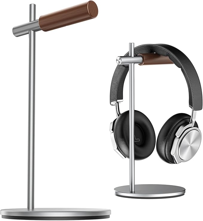 Oak Headphone Stand, Wood Headset Stand for Desk, Universal Holder for Airpods max, Bose, Beats, Gaming, Apple Vision Pro, VR Display Stand (Silver)
