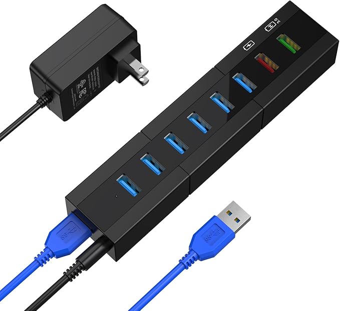 Powered USB 3.0 Hub, RAOYI 8 Ports High Speed USB 3.0 Hub Splitter with 36W Power Adapter, 3.3ft Cable and Smart Fast Charger USB Hub for for Laptop, PC, Mac, Mobile HDD, Mulitple Devices (Black)
