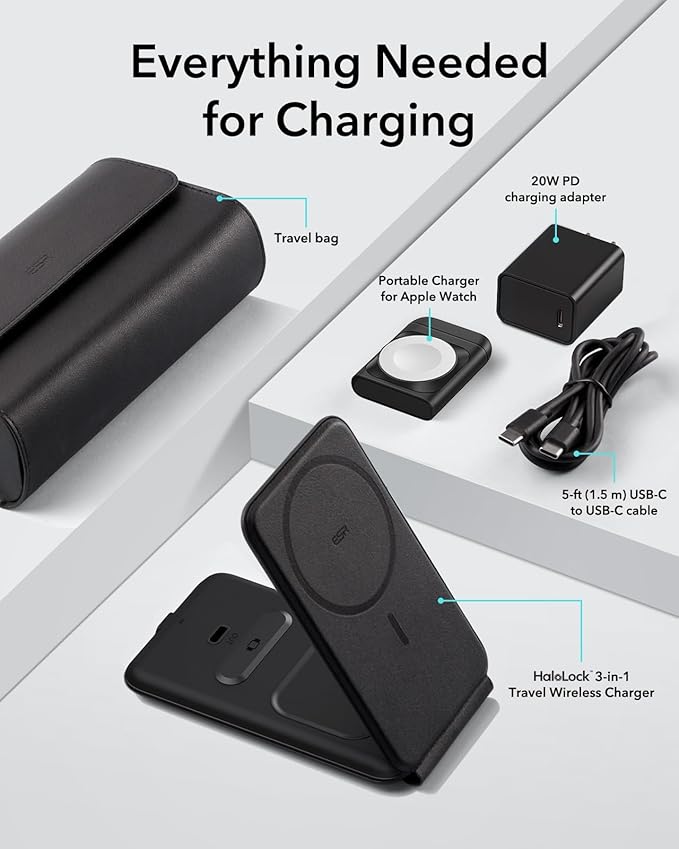 ESR for 3 in 1 Magsafe Charger, Travel Charger Stand Made for Apple Watch Certified, Foldable Charging Station Compatible with Magsafe and iPhone 16/15/14/13/12, AirPods 4/3/Pro, Black