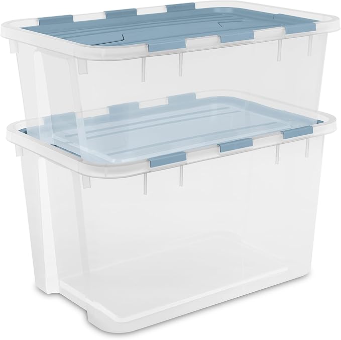 Sterilite 12 Pack Hinged Lid Storage Box, 40 Qt Plastic Container, Washed Blue - Home Organizer Tote for Storing Shoes, Crafts, Clothing, or Decor