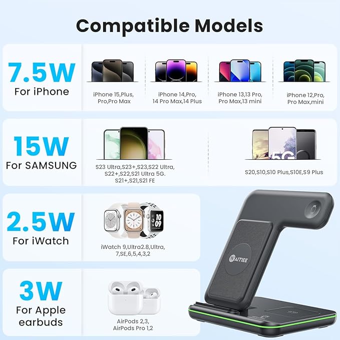 WAITIEE Foldable Wireless Charger for iPhone 17 16 15 14 13 12 11 X 8, 3 in 1 Charging Station for Apple Watch & for AirPods (Black)