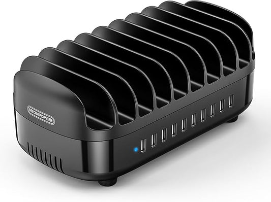 10 Ports Charging Station for Multiple Devices, 120W Charging Station Organizer, USB Charging Docking with Cooling Fan, for iPhone, for iPad, Tablet, Kindle, ETL Listed (2.4A Each, 24A in Total)