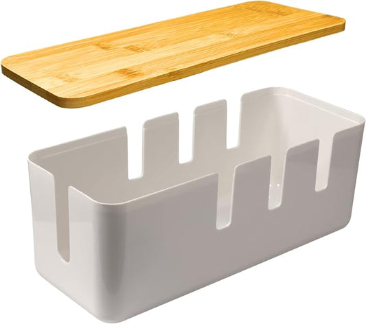 Cable Management Box, 7 Holes, 12x5x4.5 inches, Wooden Lid Cable Organizer Box for Desk to Hide Power Strips, Tv Wires, ABS Material Cord Cover