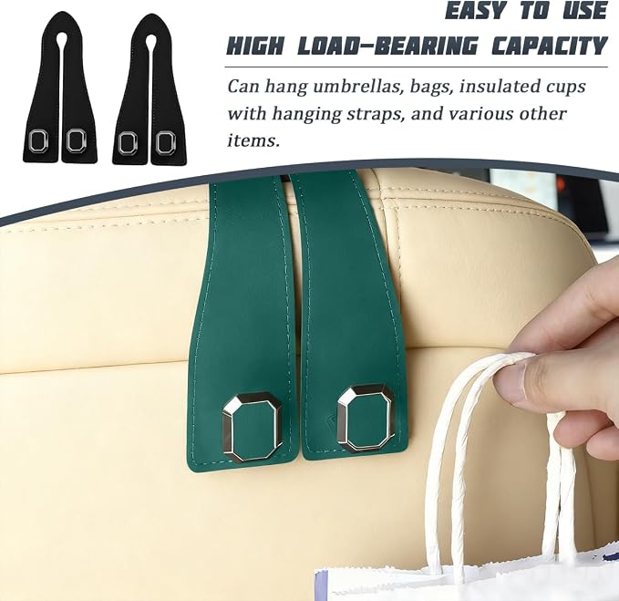 2PCS Car Headrest Hooks, Nappa Leather Metal Vehicle Double Seat Back Storage Hook for Purse Bag Coat, Multifunctional Automotive Interior Hanging Hanger, Universal Fit (Black)
