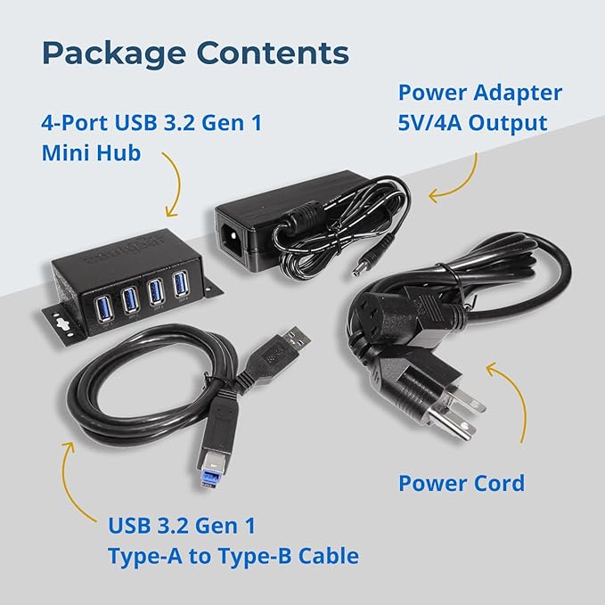 Coolgear 3.2 Gen 1 USB Hub - 4 Port USB Hub with 5Gbps Data Transfers, Mountable Metal Housing, 5V Power Adapter, ESD Surge Protection, Bus or Self Powered