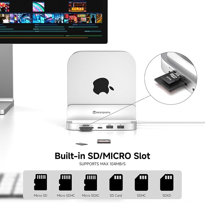 Minisopuru MINI218B MAX Mac mini M4 Dock with 4K@60 HDMI, 8TB M.2 NVMe SSD Enclosure,10Gbps USB C/A Mac mini M4 Hub, TF& SD, 2X USB A 2.0, Audio, Aluminum Vertical Stand for Mac mini M4/M4 Pro 2024