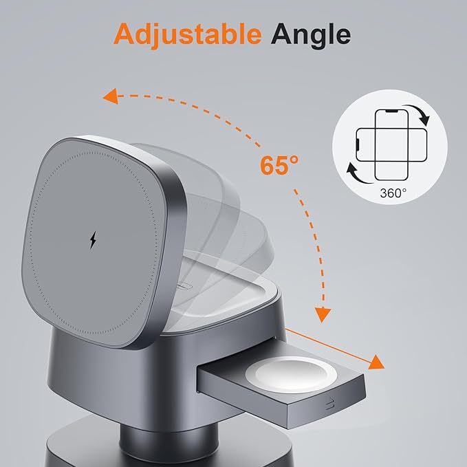4 in 1 Wireless Charging Station for Apple Devices with Night Light, Mag-Safe Charger Stand, 15W Fast Charging for iPhone 17/16/15/14/13/12 Series, iWatch & AirPods(with USB-C Cable)