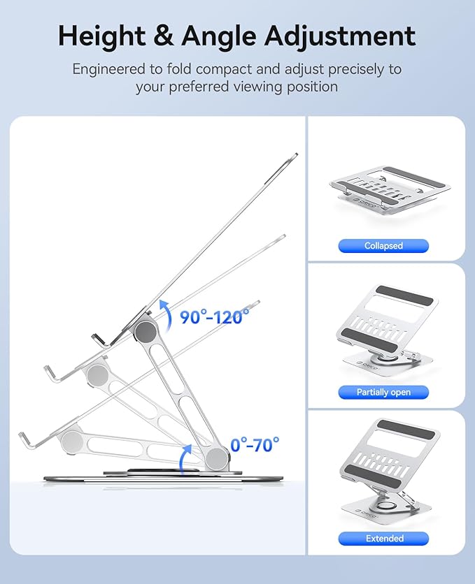 ORICO Adjustable Laptop Stand for Desk, 360° Rotating Base, Foldable Aluminum Alloy Computer Stand with Ventilated Design, Compatible with MacBook Air/Pro, Dell, XPS, HP up to 17'' - ST12, Silver