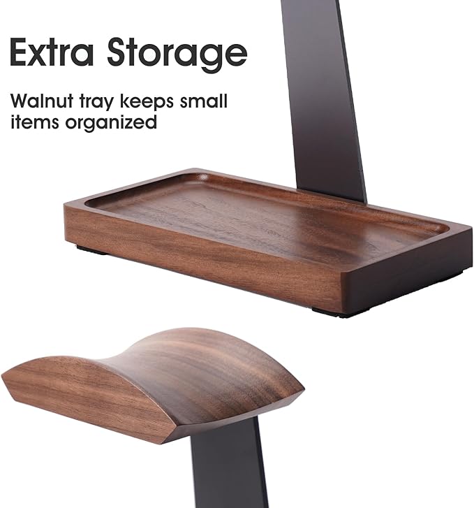 Walnut Headphone Stand, Wooden Headset Stand for Desk, Wood Gaming Headphone Holder with Storage Base for Airpod max, Bose, Razer, Sennheiser, Jabra, JBL, AKG, Vintage Gift for Men, Grey