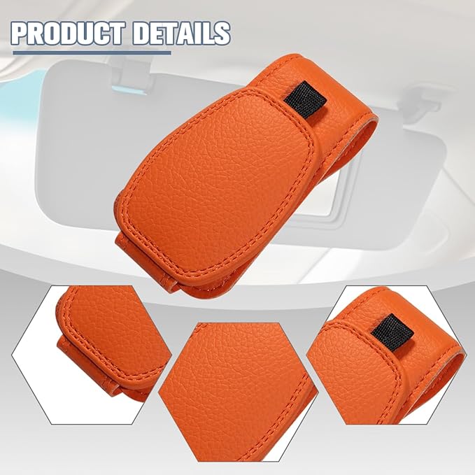 Sunglass Holder for Car Visor, Magnetic Leather Vehicle Sun Visor Storage Clip for Different Size Eyeglasses, Automotive Interior Glasses Ticket Card Clip, Universal for SUV RV Truck (Orange)