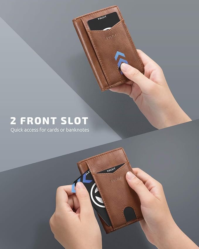 VULKIT Bifold Front Pocket Slim Wallet RFID Blocking Minimalist Thin Leather Credit Card Holder Wallet for Men and Women Brown