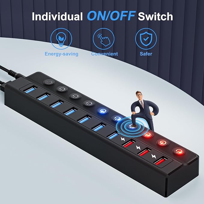 Powered USB Hub, 10-Port USB Splitter Hub (7 Faster Data Transfer Ports+ 3 Smart Charging Port) with Individual LED On/Off Switches and 12V/3A Power Adapter USB Extension for Mac, PC and More