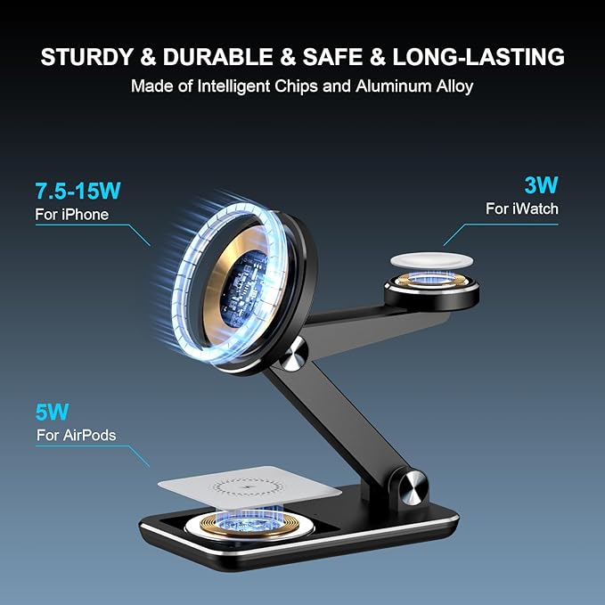 Wireless Charger 3 in 1,Foldable Wireless Charging Station for Apple MagSafe Charger,Aluminum Portable Magnetic Travel Charger Stand for iPhone,Watch,Aipods (with 20W Adapter & Case)