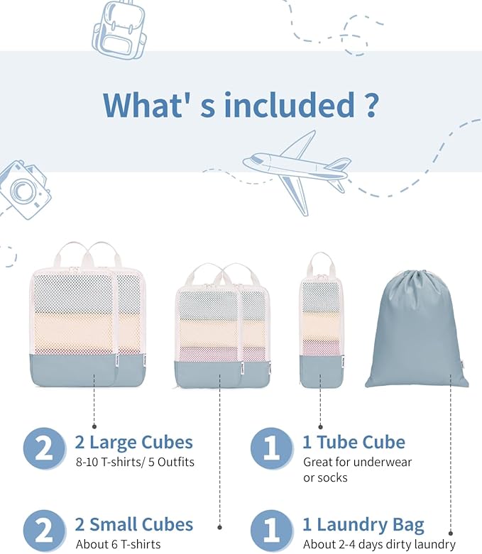 Narwey 6 Set/5 Set Compression Packing Cubes for Travel Kids Women Carry on, Packing Organizers Bag for Backpack Luggage Suitcase Duffle Bags