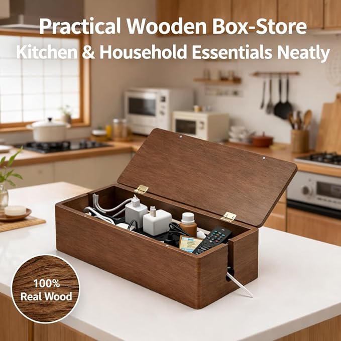 [Tikora] Spring Cleaning Essential: Real Walnut Solid Wood Cable Management Box, Magnetic Lid Cord Organizer for Desk & Home Office - 14.17" x 6.1" x 4.78"