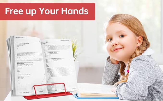 Honagu Book Stand Metal Desk Book Holder, Book Holders for Reading Hands Free, Adjustable Cookbook Documents Holder, Portable Bookstand for Music Books, Textbook, Recipe, Tablet, Ipad (Red)