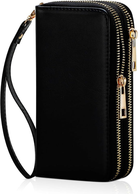 Cellphone Wallet for Women Dual Zipper Long Purse with Removable Wristlet