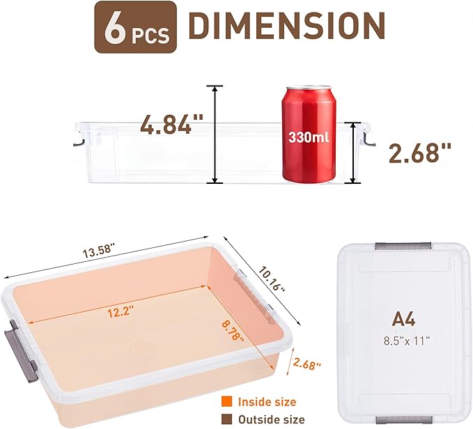 Citylife 6 PCS Clear Plastic Container Clip Box with Latching Lids, Stackable Document Paper Protectors Organizer Container for Office, Home, and School Supplies