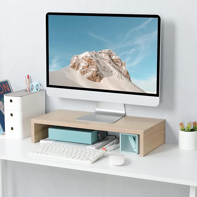 TEAMIX 20 Inch Wood Monitor Stand Riser, Wooden Desktop Stand for PC/TV/Laptop/Printer, Cozy Monitor Riser with Storage, Computer Stand Space-Saving
