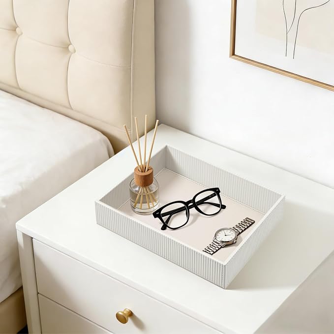 SITHON Valet Tray Desk Organizer, PU Leather Catchall Bedside Vanity Tray Nightstand Caddy Coin Box Key Jewelry Storage Organizer, Graduation, Stripe Pearl White