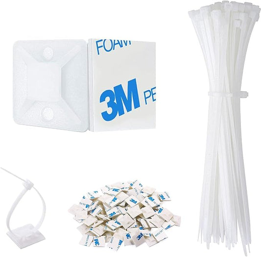 100 Set Cable Zip Tie Self Adhesive Mounts Kit with 6" Zip Ties, 3/4" Wire Holders Squares, Screws - Sticky Wire Fasteners Cable Clips Management Anchors Organizer - White