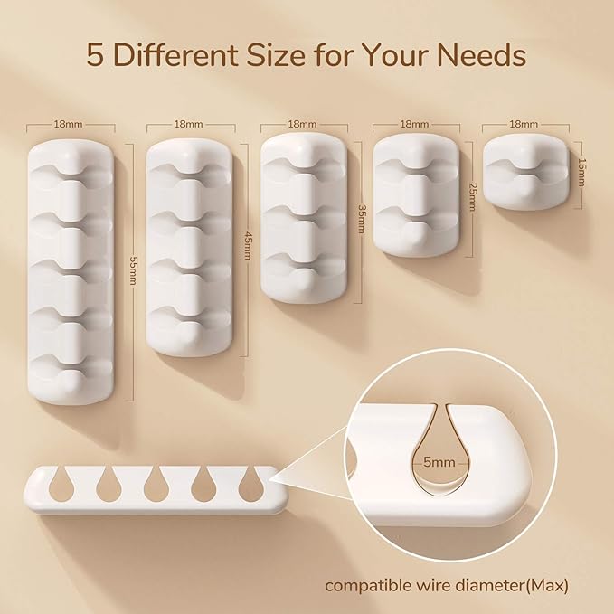 Syncwire Cable Clips, Cord Organizer Cable Management Self Adhesive USB Cable Holder System for Organizing Cable Cords, Ideal for Home, Office, Car, Nightstand, Desk Accessories, 5 Pack (White)