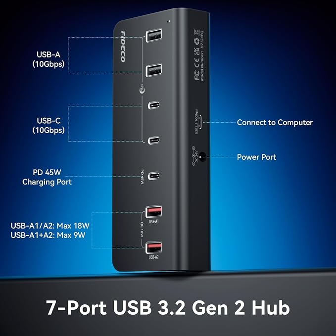 FIDECO 7-Port 72W Powered USB Hub, USB C Hub with 1 PD 45W, 2 QC 3.0 Charging Ports, and 4 USB 3.2 Ports (2 USB-A + 2 USB-C), Aluminum 10Gbps USB Hub for Laptop, PC, MacBook, iPhone 17/16/15, Black