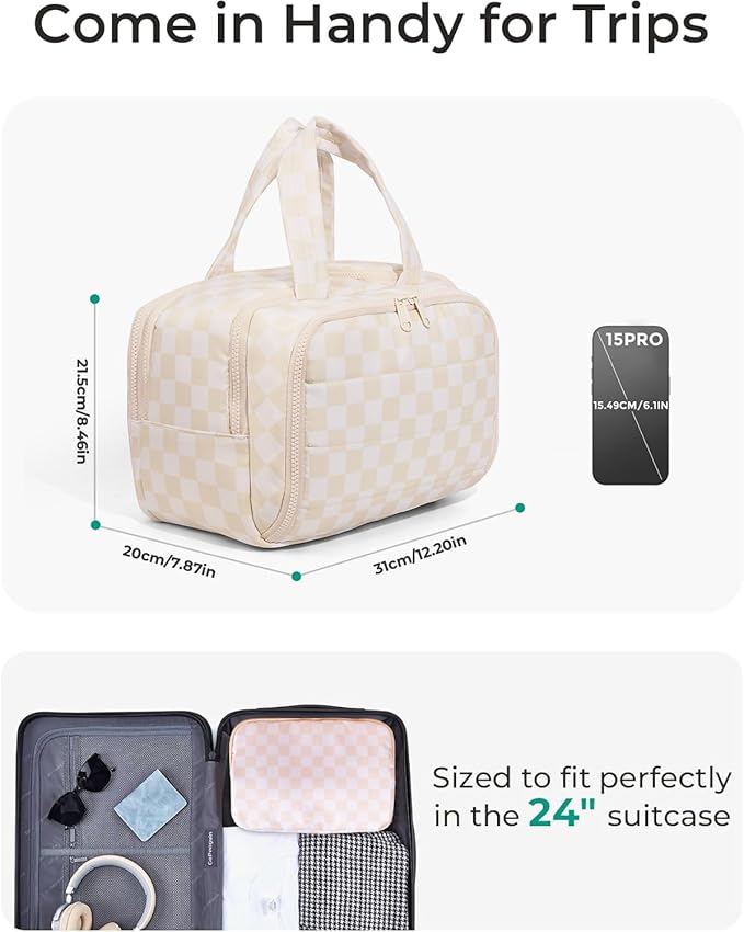 Travel Toiletry Bag, Spacious Beige Checkered Toiletry Bag for Women,Large Toiletry Bags for Traveling,Lightweight Travel Cosmetic Makeup Bag Organizer for Accessories,Toiletries (Beige Checkered)