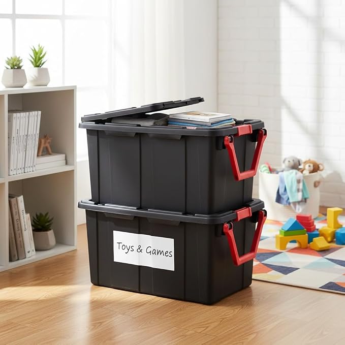 40 Gallon Extra Large Rolling Storage Bins 2-Pack, Black Heavy-Duty Plastic with Pivoting Handle & Leak-Resistant Lid, for Garage Warehouse Industrial Storage