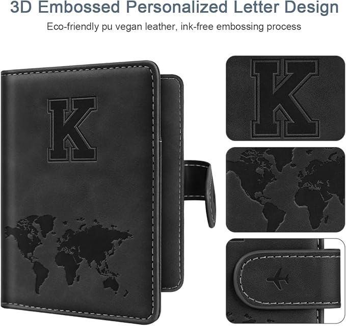 Passport Holder Wallet Cover Personalized Letter A-Z Travel Wallet RFID Blocking Passport Cover Wallet Case for Travel Passport Book Holders for Women and Men, Black-K