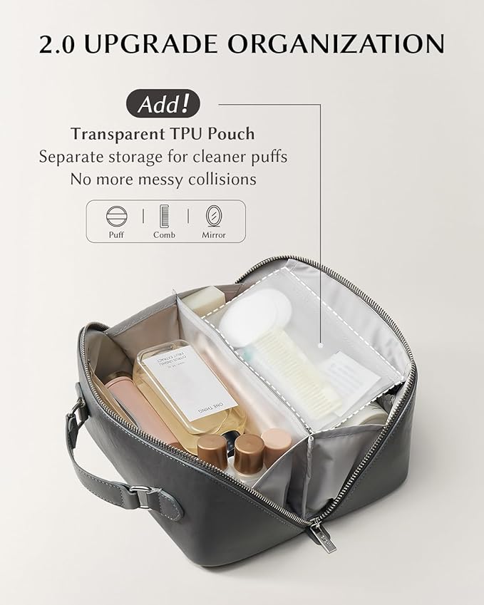 EACHY Travel Makeup Bag, Large Capacity Cosmetic Bag for Women, Waterproof PU Leather, Flat Open Portable Toiletry Bag for Skincare, Brushes & Travel Essentials