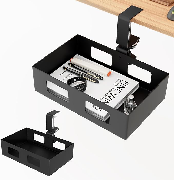 Clamp-on Side Desk Swivel Organizer, Under Desk Hidden Storage Drawer with Cable Hole, Hanging Desk Rotated Metal Basket for Extender Desk Space
