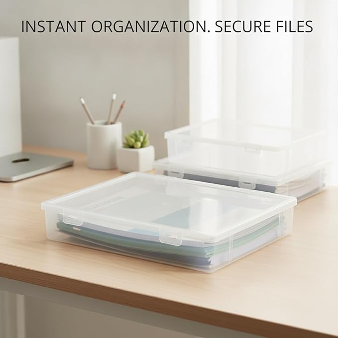 Low-Profile Rectangular File Box with Handle, Transparent PP Plastic Document Organizer for Desktop Storage