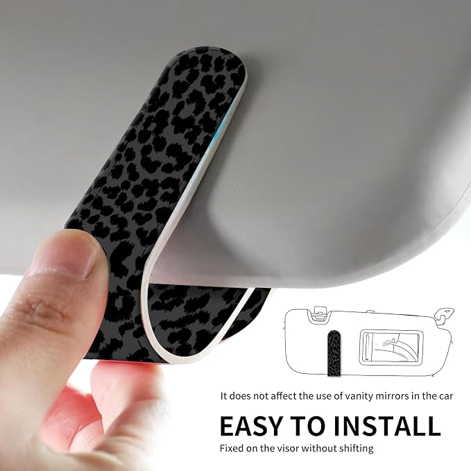 Leather Magnetic Sunglass Holder for Car Sun Visor, Cute Eyeglass Ticket Card Hanger Clip, Universal Auto Interior Accessories for SUV Pickup Truck Black Leopard Print