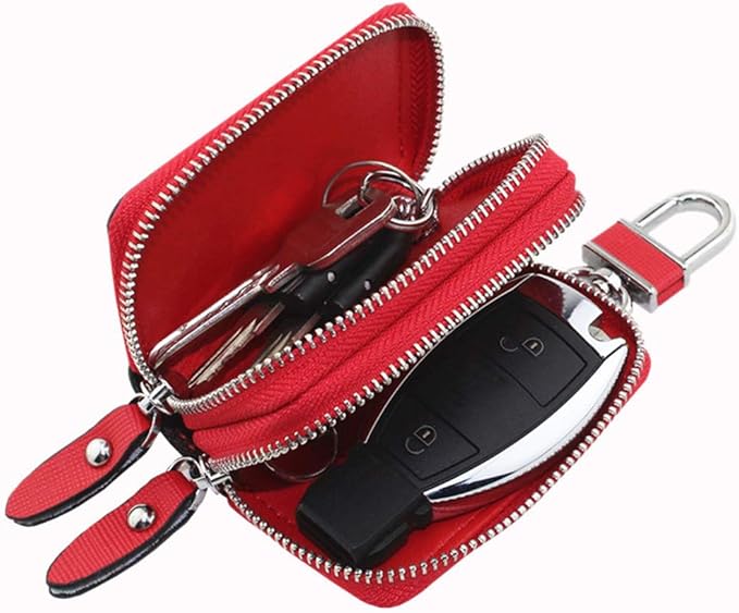 Key Fob Case Genuine Leather, Double Zipper Car Key Holder & Key Wallet with Keychain, Key Pouch for Purse Gift