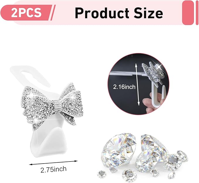 2 PCS Car Headrest Hooks, Cute Bowknot Auto Seat Back Hangers for Purses Bags Coats, Bling Rhinestone Interior Storage Organizer Hooks, Universal for Cars SUVs Trucks (White)
