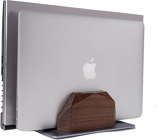 Vertical Laptop Stand for Desk, Dual Slot Wood Laptop Holder to Dock MacBook, MacBook Pro and & Gaming Laptops, Solid Black Walnut, Geometric Sculpted Craftsmanship