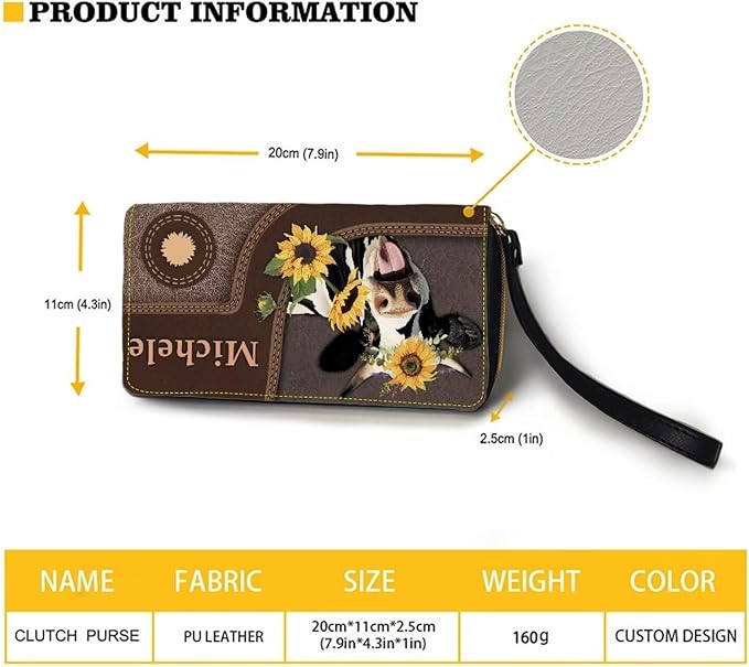Bulopur Personalized Wallet Wristlet for Women PU Leather Sunflower Cow Print Clutch Purses for Ladies Waterproof Phone Holder Zip Around