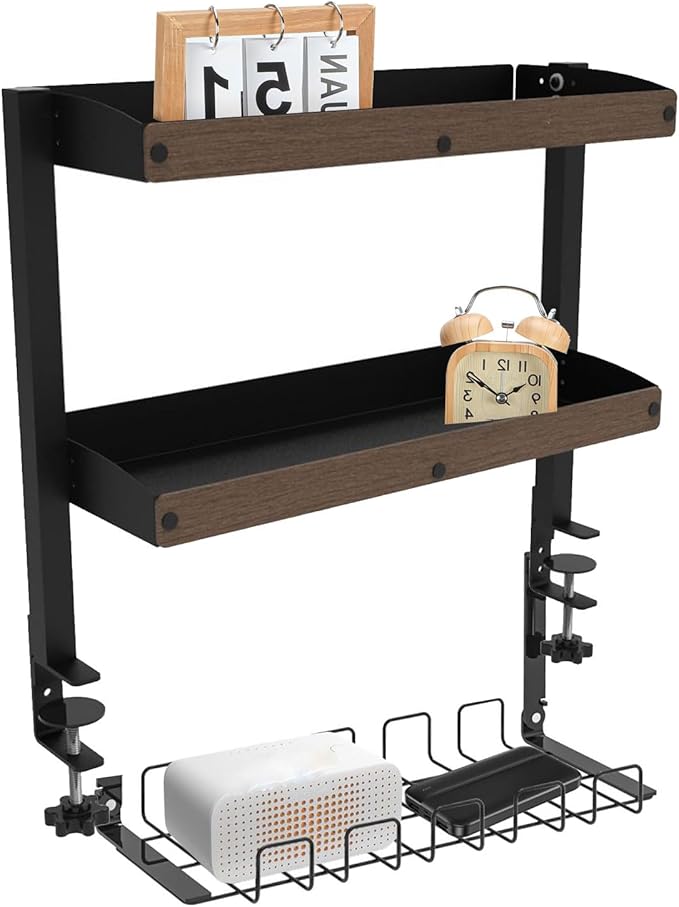 Clip-on Desktop or Under-Desk 2-Tier Shelving Unit, Clamp-on Desk Organizer Shelf with Adjustable Storage Tray Computer Table Organizer for Office Desk